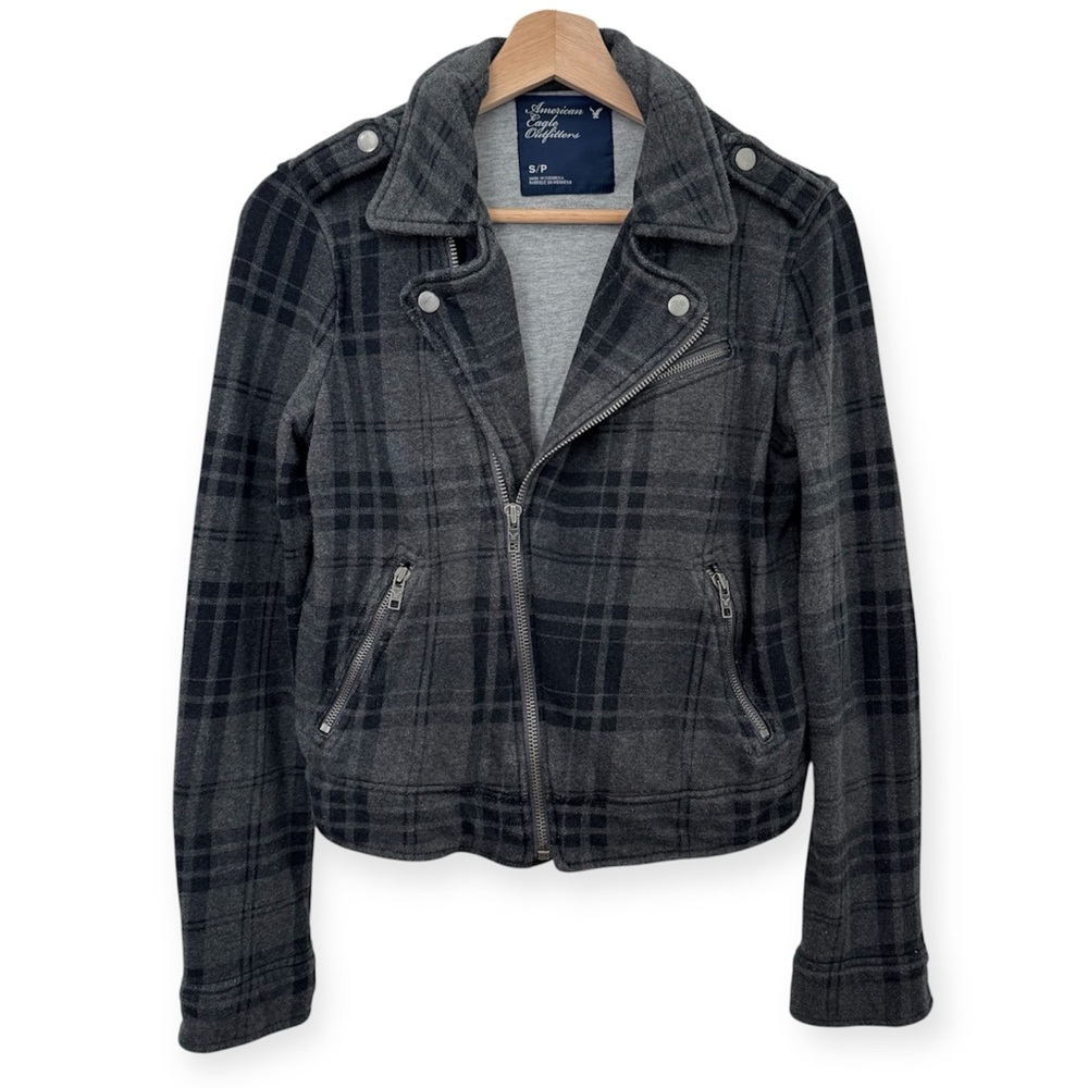 American Eagle Y2K Sweatshirt Plaid Moto‎ Jacket Small